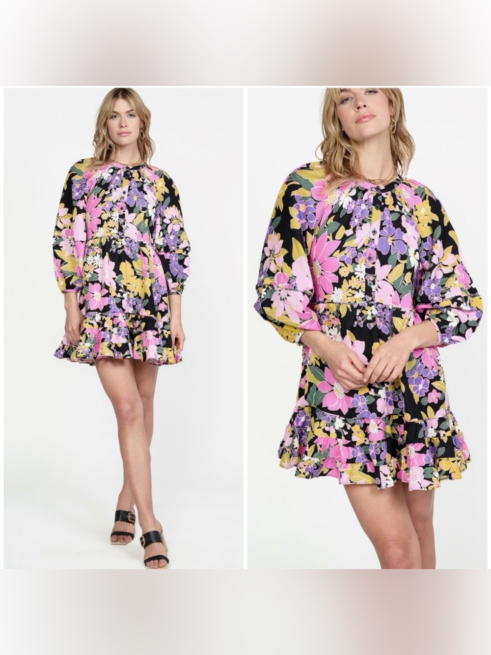 Current Air Anthropologie Tiered Mini Dress Floral Balloon Sleeve Linen Blend XS